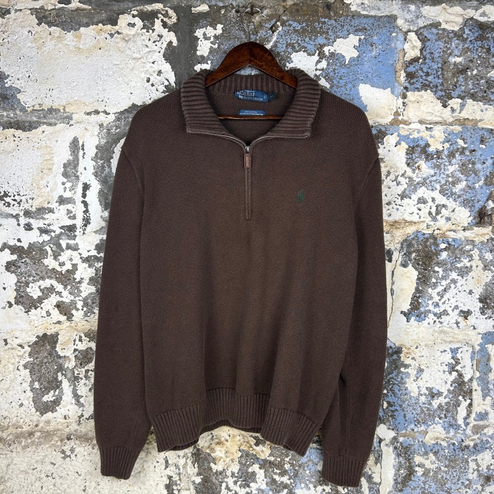 Vintage Polo Ralph Lauren Quarter Zip Sweater Brown Cotton Pullover Mens XL